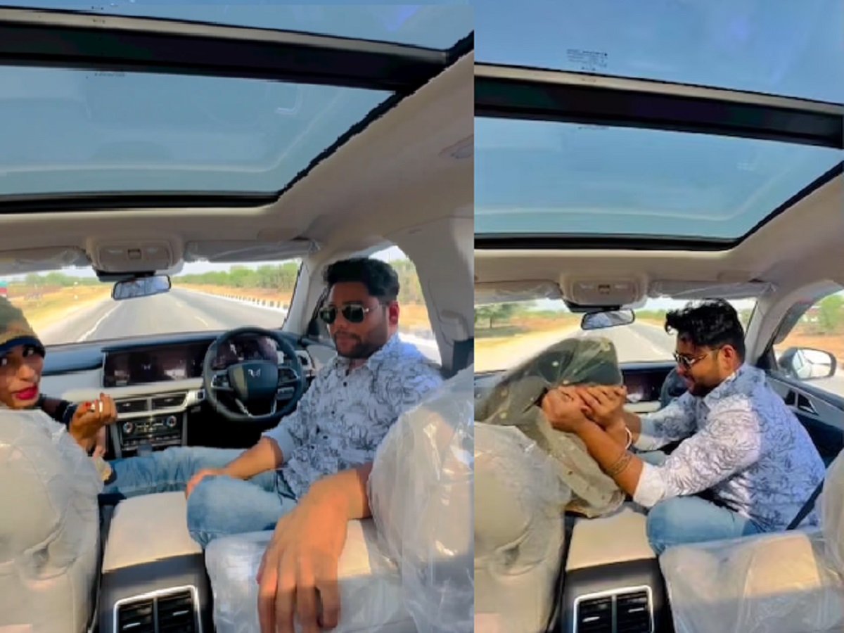 VIDEO ना स्टेअरिंगवर हात, ना ब्रेकवर पाय...धावत्या XUV मध्ये जोडप्याचे