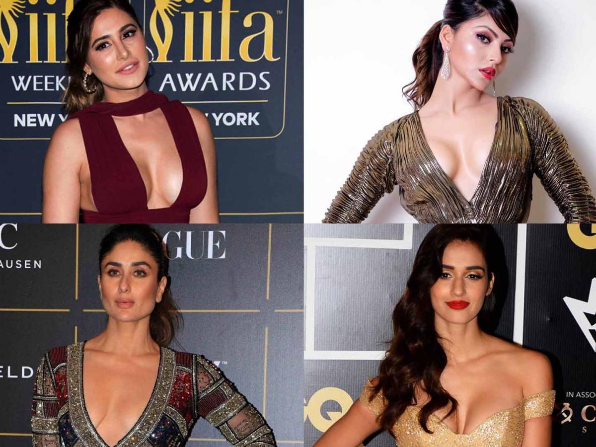 Bollywood Celebrities in Deep Neck-Open Chest Blouse Dress Designs