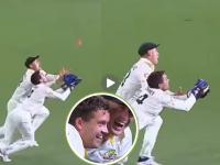 AUS vs ENG Ashes Test : एकाच वेळी दोघे कॅचसाठी झेपावले; धडक झाली, पण कॅरीनं चेंडू पकडला अन्... - Marathi News | AUS vs ENG Ashes 2nd Test Alex Carey And Marnus Labuschagne Sprint Back To Take Catch Collided Mid Air Watch Video | Latest cricket News at Lokmat.com