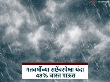 गतवर्षीच्या सप्टेंबरपेक्षा यंदा ४८% जास्त पाऊस; राज्यात छत्रपती संभाजीनगर विभागात सर्वाधिक १३९ टक्के नोंद - Marathi News | 48% more rainfall this year than last year's September; Chhatrapati Sambhajinagar division records highest rainfall of 139% in the state | Latest News at Lokmat.com
