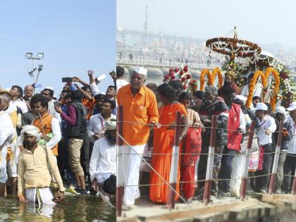 TENNEEPUJAN on Shakti Pradarshan Sangam in Prayag of Nagas, presence of lakhs of devotees from Maharashtra, a servant who has come to clean the Gangnami | नाणीजच्या नरेंद्राचार्यांचे प्रयागमध्ये शक्तिप्रदर्शन संगमावर त्रिवेणीपूजन : महाराष्ट्रातून लाखो भाविकांची उपस्थिती, गंगामाईच्या स्वच्छतेसाठी सरसावले सेवक