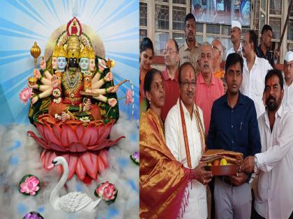 Worship of Karveer resident Sri Ambabai as Gayatri Devi on the fourth occasion of Sharadiya Navratri festival Shalu offering of honor from Tirupati Devotion | Navratri 2024: चौथ्या माळेला अंबाबाई गायत्रीदेवीच्या रूपात, तिरुपती देवस्थानकडून मानाचा शालू अर्पण