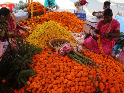 Diwali: In the Kolhapur market for the purchase of Lakshmi Pooja, a large arid of marigold flowers | Diwali : लक्ष्मीपूजनाच्या खरेदीसाठी कोल्हापूर बाजारपेठेत गर्दी, झेंडूच्या फुलांची मोठी आवक