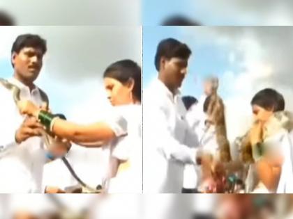 Bride put a dangerous snake around neck instead of jaimala in marriage return-groom-put-a-python/ | अरे देवा! लग्नात हाराऐवजी गळ्यात टाकले खतरनाक साप, नवरदेवाने टाकला भलामोठा अजगर