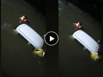 The car sank in the lake at Thane The driver briefly escaped | रस्त्यावरील पाण्याचा अंदाज चुकल्याने कार तलावत बुडाली; चालक थोडक्यात बचावला