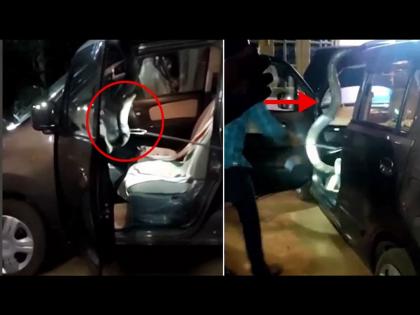 King cobra video : 30kg snake suddenly came out inside the car parked at palakkad | पार्किंगमध्ये उभ्या कारमध्ये सापडला 30 किलो वजनाचा किंग कोब्रा, व्हिडीओ बघून व्हाल हैराण