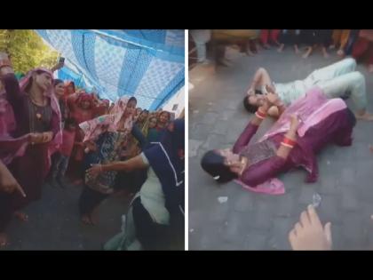 Ladies out of control dancing with dhol nagada lying on floor infront of public | VIDEO : ढोल-ताशांसमोर बेधुंद झाल्या महिला, जमिनीवर लोळून लोळून केला तूफान डान्स