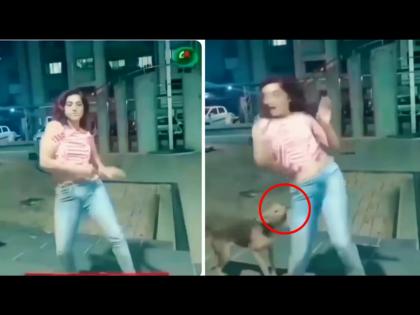 Dog attack viral video : Girl was dancing on road dog bite her video viral | Viral Video: डॉगीसमोर डान्स करत होती तरूणी, मग त्याने जे केलं ते पाहून पोट धरून हसाल!