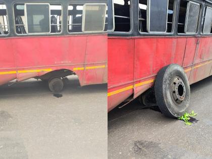 wheels of Patoda-Selu running bus came off; driver's precaution averted disaster | पाटोदा-सेलू धावत्या बसची चाके निखळली; चालकाच्या प्रसंगावधानाने मोठा अनर्थ टळला wheels of Patoda-Selu running bus came off; driver's precaution averted disaster | पाटोदा-सेलू धावत्या बसची चाके निखळली; चालकाच्या प्रसंगावधानाने मोठा अनर्थ टळला