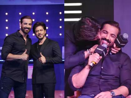 shah rukh khan kissed john abraham at the pathaan success press conference-video | Shah Rukh Khan, Pathaan : “जॉन को कच्छा पहना दो, बस काम हो जाएगा...”, शाहरूख खान असं का म्हणाला?