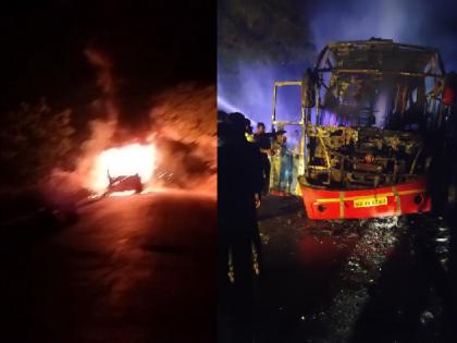 Thriller of burning bus near Ravera, 20 passengers safe; Burn material | रावेरनजीक बर्निंग बसचा थरार, २० प्रवासी सुखरूप; साहित्य जळून खाक