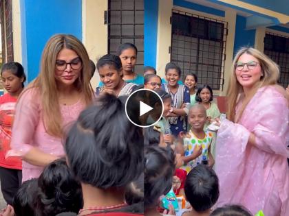 Rakhi Sawant distributes snacks and money to children in an ngo says blessings and medicines works | Rakhi Sawant : राखी सावंत पोहोचली आश्रमात, लहान मुलांना ५०० रुपयांची नोट देत म्हणाली, 'दवा और दुआ...'