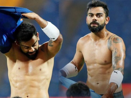 India vs West Indies: Virat Kohli shows 8 pack abs, Rohit sharma hidden stomach | India vs West Indies : कोहलीने दाखवले 8 पॅक अ‍ॅब्स, तर रोहितने लपवलं सुटलेलं पोट 