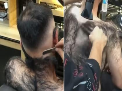 Viral video man reached the barber shop people were surprised when he opened their shirt | VIDEO : 'या' व्यक्तीच्या शरीरावरील केस पाहून हैराण झाले लोक, म्हणाले - हा अनिल कपूर आहे का?