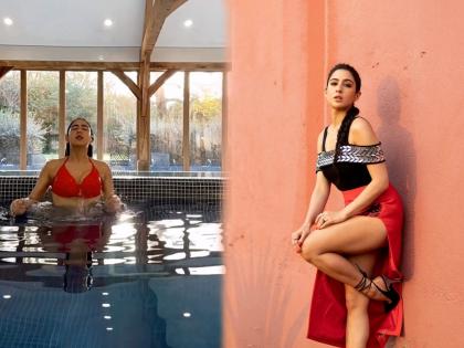 sara ali khan in red bikini hot swimming pool video gone viral | Sara Ali Khan : दीपिकानंतर सारा अली खानच्या रेड बिकिनीची चर्चा, सोशल मीडियावर व्हायरल होतोय हॉट व्हिडीओ