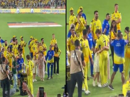  A cute video of MS Dhoni and wife Sakshi after the final match of IPL 2023 is going viral | पत्नी साक्षीचा आग्रह अन् धोनीचं 'प्रेम', IPL जिंकल्यानंतर धोनीचा Inside video व्हायरल