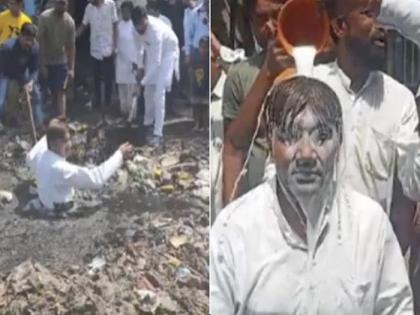 viral video delhi aam aadmi party councilor video viral social media haseeb ul hasan haseeb ul hasan jumped into the drain then was bathed with milk mcd election | Video : नाल्यात उडी, मग दुधाने आंघोळ; AAP च्या 'नायक' नगरसेवकाला पाहून आठवला अनिल कपूर