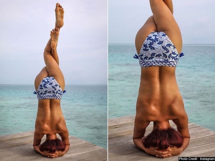 After Abigail Pande, Aashka Goradia shares a topless photo to promote nude yoga. See pic | खाली डोकं वर पाय, 'ही' प्रसिद्ध अभिनेत्री करतेय अनोख्या पद्धतीने योगा, पाहा तिचे खास फोटो