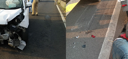 Due to the firing, the truck hit the truck and hit the truck | भरधाव कारचा टायर फुटल्याने दुभाजकाला धडक-दुचाकीची ट्रकला धडक Due to the firing, the truck hit the truck and hit the truck | भरधाव कारचा टायर फुटल्याने दुभाजकाला धडक-दुचाकीची ट्रकला धडक