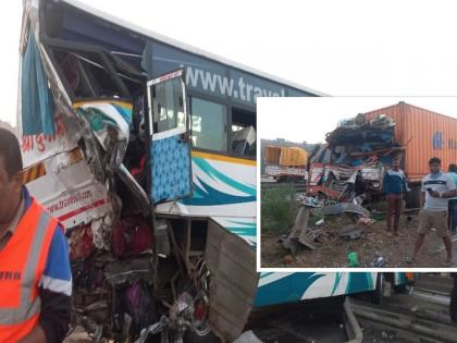 A bus returning from a wedding was hit by a container on the Mumbai-Pune highway; 1 killed, 22 injured | लग्नाहून परतणाऱ्या बसला मुंबई-पुणे महामार्गावर कंटेनरची धडक; १ ठार, २२ जखमी