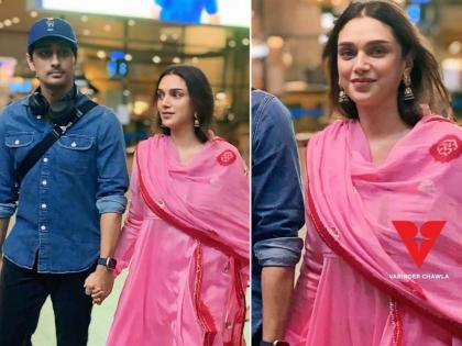 aditi rao hydari and siddharth first camera appearance after wedding spot at airport | गुलाबी ड्रेस अन् भांगात कुंकू, लग्नानंतर पहिल्यांदाच अदिती-सिद्धार्थ कॅमेऱ्यासमोर, नववधूच्या लूकवर खिळल्या नजरा