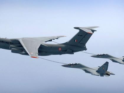 IAF IL-78 refueling a surveillance jet mid-air | VIDEO - IAF ची भन्नाट कामगिरी! IL-78 मधून हवेतच अवॉक्समध्ये भरले इंधन