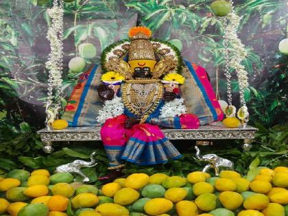 Karveer Nivasini Sri Ambabai Devis Hapus mango decoration in Kolhapur | Kolhapur News: अक्षय्य तृतीयाच्या मुहूर्तावर अंबाबाई देवीस हापूस आंब्यांची आरास 