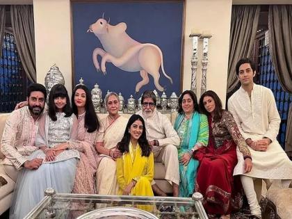 bull painting in amitabh bachchans viral diwali photo heres how much it costs | Amitabh Bachchan यांच्या फॅमिली फोटोत दिसणाऱ्या अजब पेंटिंगची चर्चा; किंमत ऐकून व्हाल हैराण