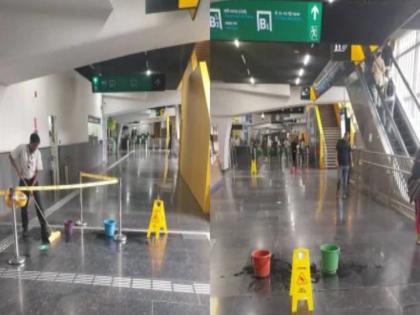 Leak at Andheri Metro station; Buckets used to collect water | अंधेरी मेट्रो स्थानकात गळती; पाणी गोळा करण्यासाठी बादल्यांचा वापर Leak at Andheri Metro station; Buckets used to collect water | अंधेरी मेट्रो स्थानकात गळती; पाणी गोळा करण्यासाठी बादल्यांचा वापर