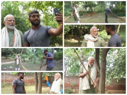 Swachh Bharat Mission: PM Modi's Shramdan with social media star Ankit Baiyanpuria | videoo: स्वच्छ भारत अभियान: PM मोदींचे सोशल मीडिया स्टार अंकित बैयनपुरीयासोबत श्रमदान