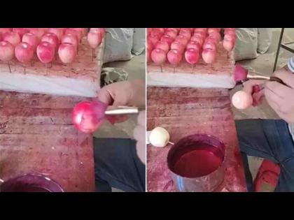 Viral Video : Man coloring apple with red color and wax video went viral | सफरचंद रंग लावून केले जातात लाल? हा व्हिडीओ पाहून उडेल तुमची झोप...