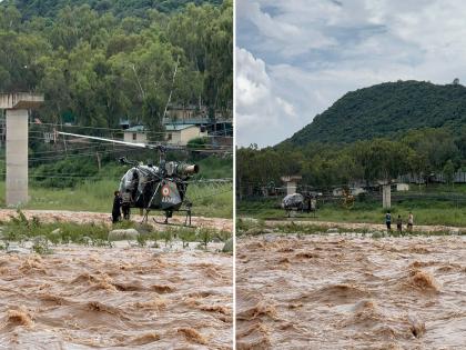 Jammu-Kashmir Video: Salute to the courage of the army; Helicopter landed directly in flood water to save the lives of children | सैन्याच्या धाडसाला सलाम; मुलांचा जीव वाचवण्यासाठी थेट पुराच्या पाण्यात उतरवले हेलिकॉप्टर