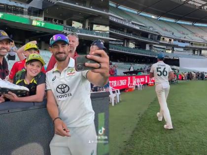 Australia vs Pakistan 2nd Test Mitchell Starc fulfilled his promise by gifting his shoes to a little fan  | स्टार्ककडून वचनपूर्ती! पाकिस्तानला पराभूत करताच लहानग्या चाहत्याला दिलं खास गिफ्ट, VIDEO 