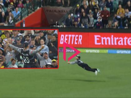 T20 World Cup, AUS vs NZ Live : What a catch by Glenn Philips, he is the Superman of New Zealand, Australia 5 wickets in just 68 runs, Mitchell Santner take 3 wickets, Video  | T20 World Cup, AUS vs NZ Live : न्यूझीलंडचा SuperMan! ग्लेन फिलिप्सचा अविश्वसनीय झेल, ऑस्ट्रेलियाचा निम्मा संघ ६८ धावांत तंबूत, Video 