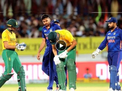 Avesh Khan Bouncer hit on South African Marco Jansen Helmet Shocking Video play stopped for 10 minutes IND vs SA T20 | Avesh Khan Bouncer IND vs SA Video: भारताचा 'आवेश' पाहुण्यांना झेपला नाही... बाऊन्सर हेल्मेटला लागताच कळवळला फलंदाज