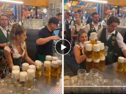 Video: Amazing talent!! Pori picked up 13 glasses full of beer at once and... | Video: अजब-गजब टॅलेंट!! पोरीने एकाच वेळी उचलले बिअर भरलेले १३ ग्लास अन्...