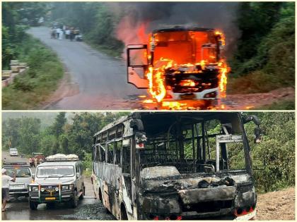 A bus caught fire on Manchar-Bhimashankar road | मंचर-भीमाशंकर रस्त्यावर 'बर्निंग बस'चा थरार! दर्शनासाठी चाललेल्या भाविकांच्या बसला आग