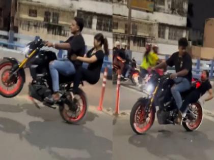 Stunts on a bike; girl got stuck in wheel, shocking video went viral | बाईकवर स्टंट मारणे अंगलट; तरुणी चाकात अडकली अन्...धक्कादायक Video व्हायरल