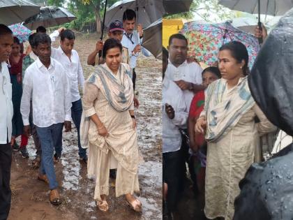 'I am with you in this crisis'; Guardian Minister Meghna Bordikar on farmers' dykes in heavy rain | 'या संकटात मी तुमच्या सोबत'; भरपावसात पालकमंत्री मेघना बोर्डीकर शेतकऱ्यांच्या बांधावर