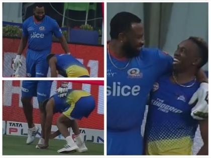 IPL 2022 MI vs CSK Live Updates : Dwayne bravo touched the feet of Kieron pollard while entering the ground, see pic  | Kieron pollard IPL 2022 MI vs CSK Live Updates : किरॉन पोलार्डने मैदानावर पाऊल ठेवताच Dwayne Bravo पडला पाया, पण का? 