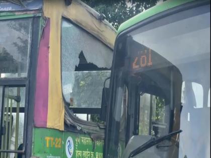 PMP bus accident, bus hit hard from behind, glass shattered; fortunately no loss of life was reported | Video : पीएमपी बसचा अपघात,मागून बसची जोरदार धडक, काचा फुटल्या;सुदैवाने जीवितहानी टळली
