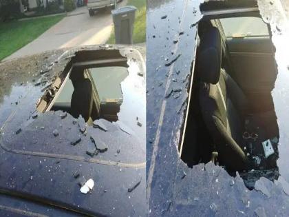 Dry shampoo can blasted in car creates hole through roof | कारमध्ये ब्युटी प्रॉडक्ट ठेवणं पडलं महागात, स्फोट झाल्यावर कारचा चेहरा-मोहराच बदलला!