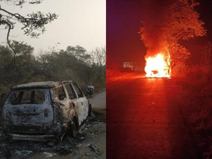 The tremors of the burning car in ajara kolhapur, along with the car, also burned the trees along the road in kolhapur ajaara | बर्निंग कारचा थरार, गाडीसोबत रस्त्याशेजारील झाडही जळाले