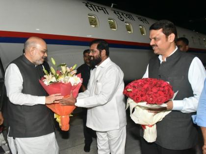 Amit Shah in Mumbai, welcomed by the Chief Minister Eknath Shinde; Meeting at Sahyadri Guest House | अमित शहा मुंबईत, मुख्यमंत्र्यांनी केलं स्वागत; सह्याद्री अतिथी गृहावर बैठक