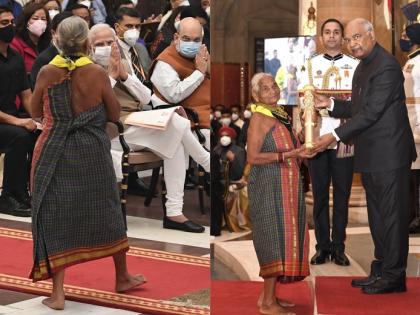 Mauli of trees ... Tulsi gauda in Traditional dress and barefoot at the rashtrapati bhavan for padmashree award | वृक्षांची माऊली... नऊवारी लुगडं अन् अनवाणी पायांनी राजदरबारात स्विकारला 'पद्मश्री'