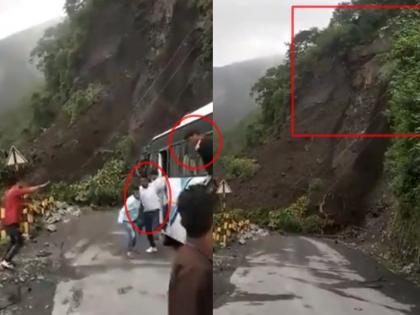 Video : This is called luck ... The mountain collapsed in front of the bus in nainitaal, rushing to save lives | Video : याला म्हणतात नशीब... 14 प्रवाशांच्या बससमोरच कोसळला डोंगर, जीव वाचविण्यासाठी धावपळ