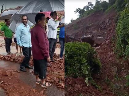 A crack collapsed in the Nivli Ghat, the traffic stopped in ratnagiri | मुसळधार पाऊस, निवळी घाटात दरड कोसळली; वाहतूक ठप्प