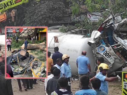 Fatal accident involving mixer container in Pune; 1 person killed 3 seriously injured | पुण्यात कंटेनरचा भीषण अपघात, रिक्षा चक्काचूर, झाडही कोसळले; १ जण ठार ३ गंभीर