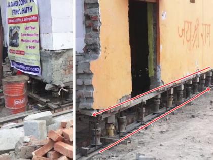 Hanuman Mandir on National Highway of shahjahanpur UP , jacked up for four-lane road | नॅशनल हायवेवर हनुमान मंदिर, रस्त्याच्या चौपदरीकरणासाठी जॅक लावून उचलले