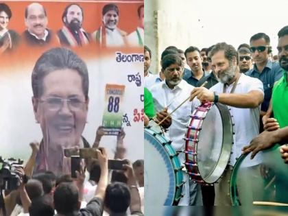 Election Results: Sonia Gandhi's image is anointed with milk; Southstyle cheer in Telangana by congress workers after elction results | Election Results: सोनिया गांधींच्या प्रतिमेला दुग्धाभिषेक; तेलंगणात साऊथस्टाईल जल्लोष